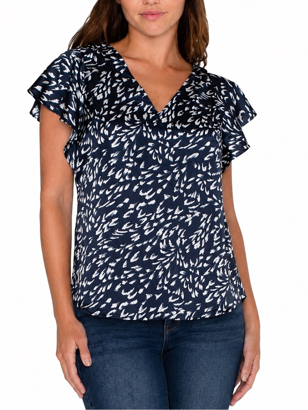 Liverpool Navy Flutter Sleeve V-Neck Top - Size XL
